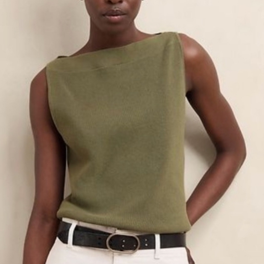 Banana Republic Sleeveless Boatneck Sweater Knit Top Olive Green Thyme Large New